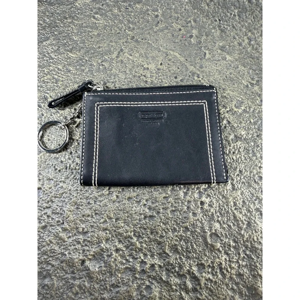 Coach Black Leather Mini Coin/Key Pouch White Stitching Key Ring Wallet